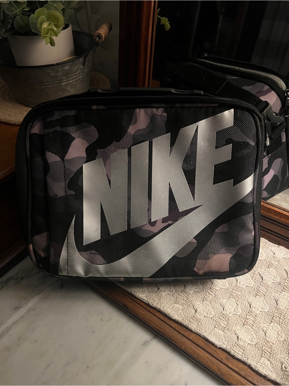 NIKE Futura Camo Hard Shell School Work Lunch Box Carrier Black Silver Grey